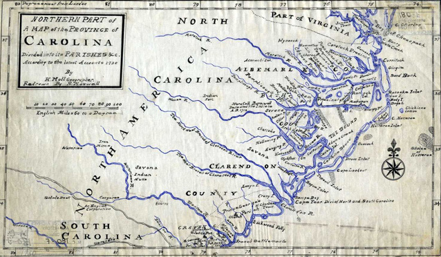 Moll's 1730 "Map of the Province of Carolina"