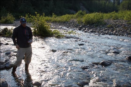 scientist standing in the middle of a stream with thermometer