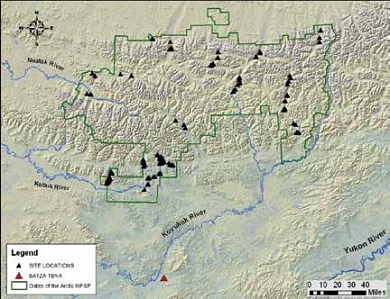map of Gates of the Arctic with archaeological sites marked by black triangles map of Gates of the Arctic with archaeological sites marked by black triangles