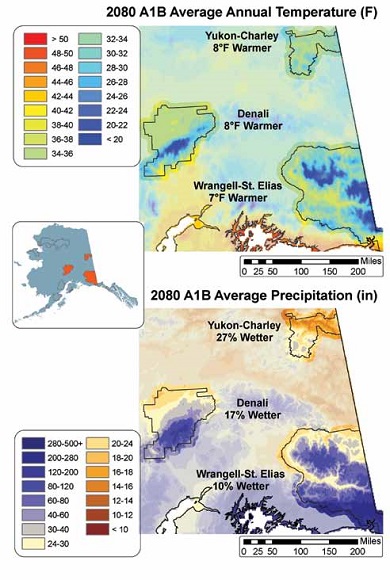 two colorful maps showing temperatures and precipitation in interior and southern Alaska two colorful maps showing temperatures and precipitation in interior and southern Alaska