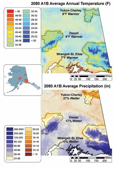 two colorful maps showing temperatures and precipitation in interior and southern Alaska