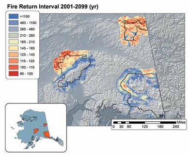 map showing red and blue shaded areas for fire return intervals in three Alaska national parks