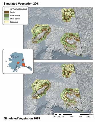 two maps showing three Alaska national parks and their vegetation cover