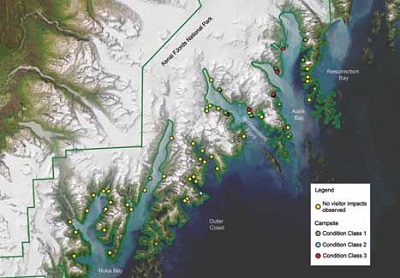 map of campsites marked by colorful dots in Kenai Fjords National Park