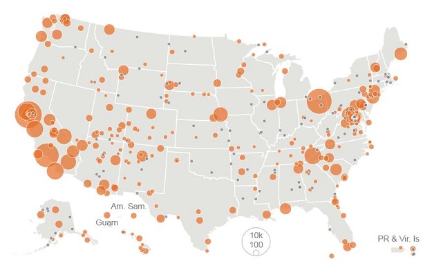 Map showing species observations in different parks around the United States. 