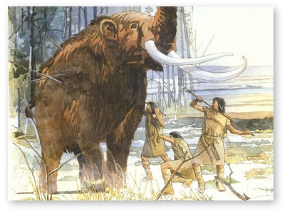 Prehistoric Native Americans hunting wooly mammoth