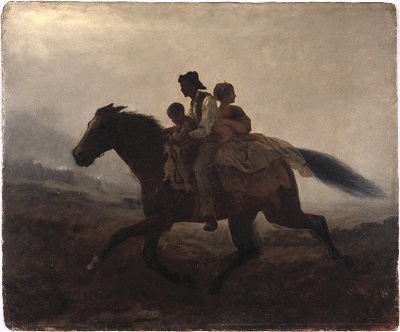 Oil painting of an enslaved family riding away on horseway