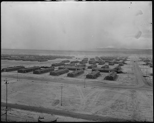 Rows of low buildings from an aerial perspective