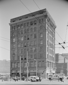 Outside the Williams Building, a tall structure