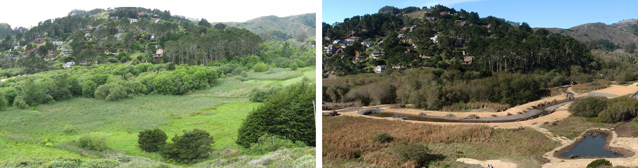 Images of lower Redwood Creek before (left) and during restoration