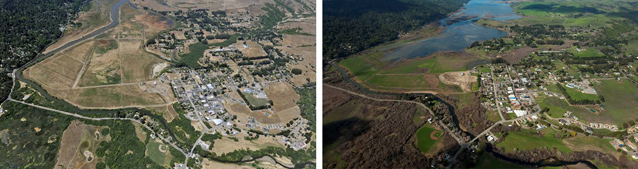 Aerial views of Lagunitas Creek and the Giacomini Dairy Ranch before and after restoration