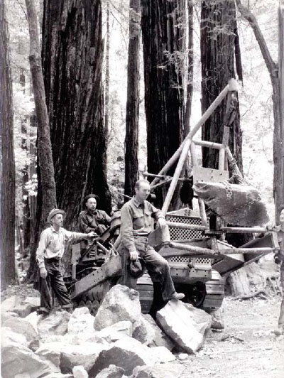 Black and white image of people posing with boulders alongside towering coast redwood trees Black and white image of people posing with boulders alongside towering coast redwood trees