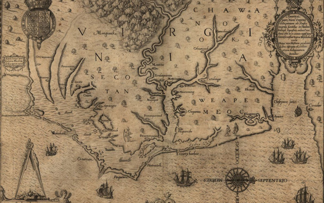 John White map of the Outer Banks showing Roanoke Island, sea monsters etc.