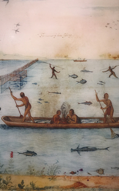 John White depiction of Algonquian with weirs, spearfishing, and canoeing