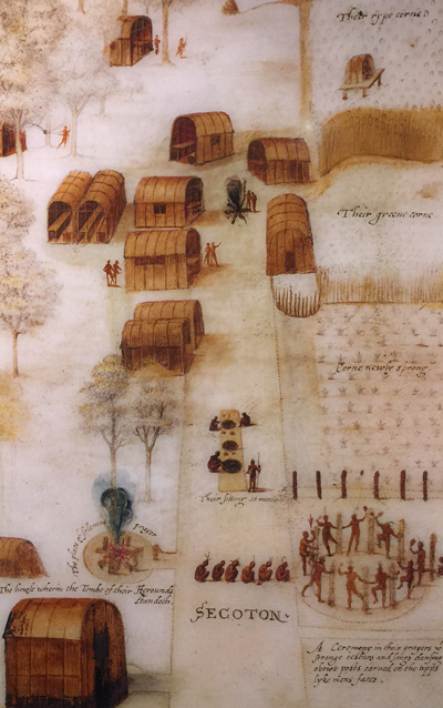 John White illustration of Secoton, showing various dwellings, cornfields, and people