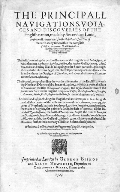 Title page of Richard Hakluyt's "Principall Navigations", 1589