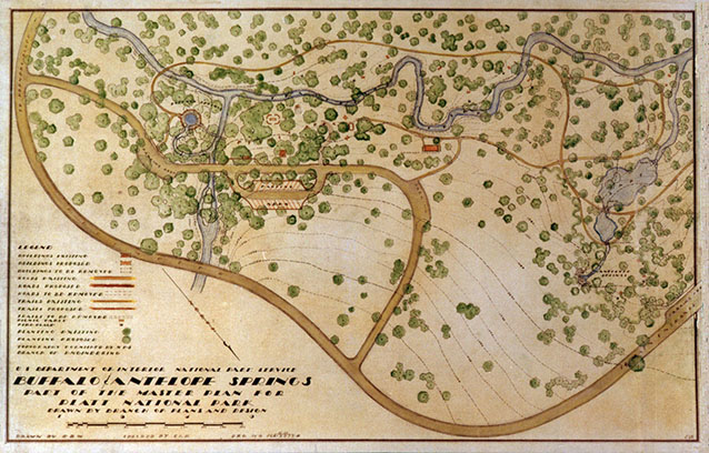 Site plan of Antelope and Buffalo Springs, 1930s, showing roads, features, and trees.