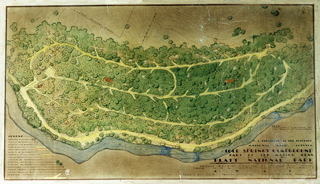 Site plan of Cold Springs Campground, 1930 (Cultural Landscapes Program, NPS, 2016) Site plan of Cold Springs Campground, 1930 (Cultural Landscapes Program, NPS, 2016)