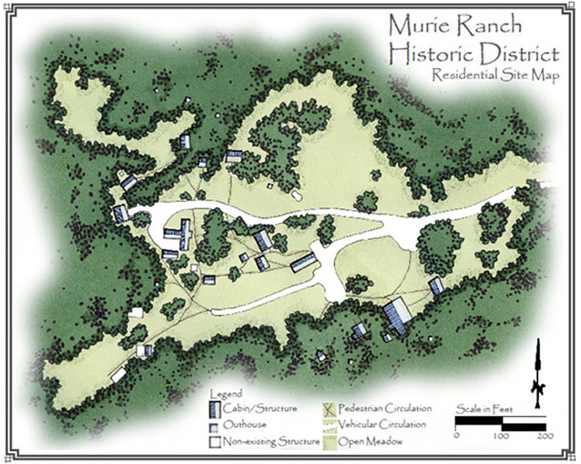 Site plan of Murie Ranch (Utah State University, from the NPS Cultural Landscape Inventory report) Site plan of Murie Ranch (Utah State University, from the NPS Cultural Landscape Inventory report)