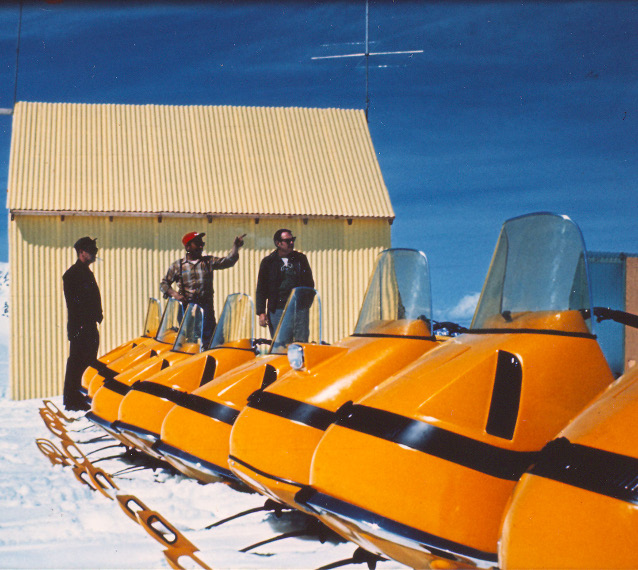 Harding Ice Cap warming hut and Ski-Doo line-up, 1970.