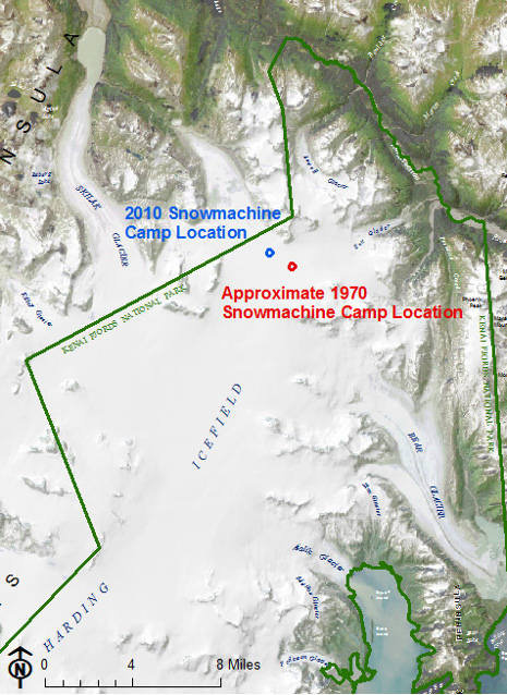 Original (1970) and current location of the snowmachine camp on the Harding Icefield.