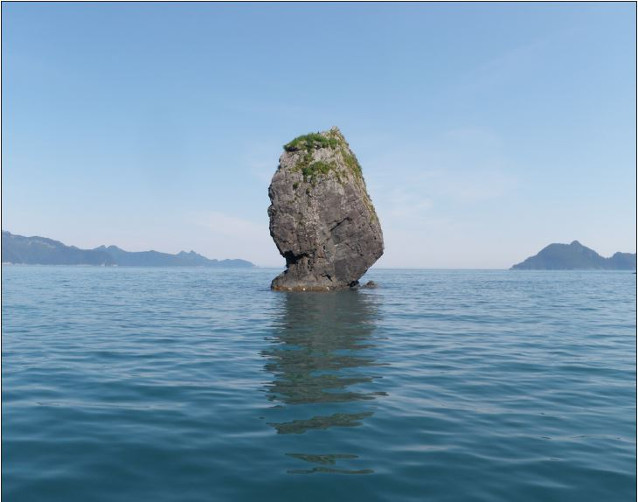 A tall rock stack in Aialik Bay, Kenai Fjords National Park. 