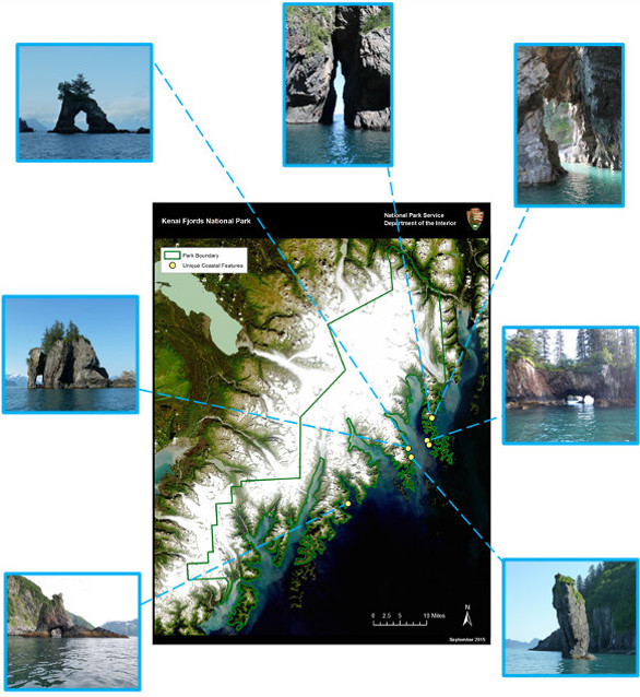 Series of small images pointing out the unique coastal features of KEFJ