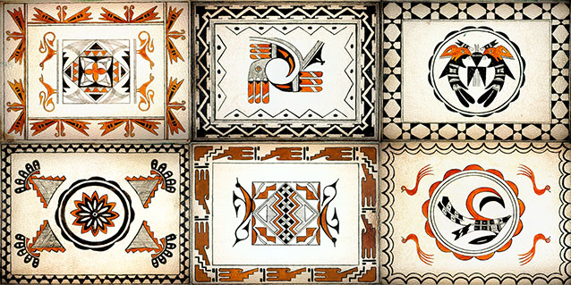 Six rectangular panels, each with a unique, symmetrical center design Six rectangular panels, each with a unique, symmetrical center design