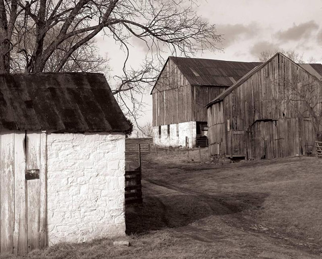 An unpaved road leads between wooden farm buildings An unpaved road leads between wooden farm buildings