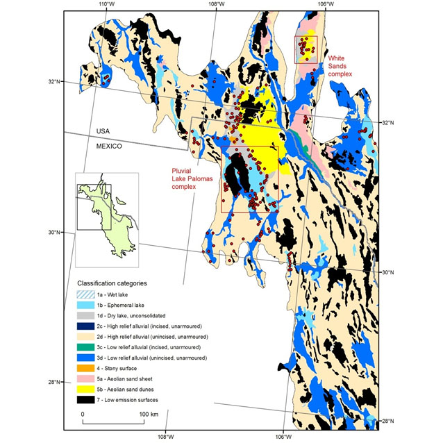 Geomorphic map of the Chihuahuan Desert with dust sources shown as red points Geomorphic map of the Chihuahuan Desert with dust sources shown as red points
