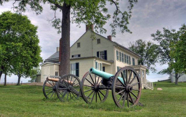 Two long cannons stand side-by-side under a tree in front of a farmhouse.