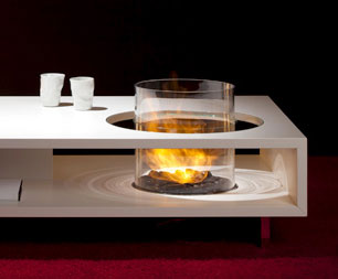 white coffee table with decretive flames