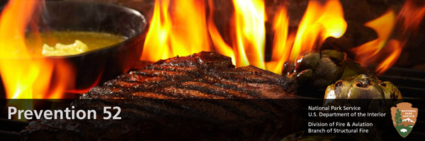 Grill with steak and flames