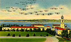 Historic postcard depicting aircraft over Rockwell Field