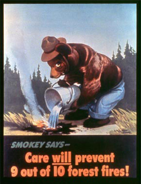 illustration of Smokey Bear outside putting out a forest fire