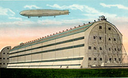 Historic postcard depicting Scott Fields' lighter-than-air ship hangar