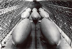 Hangar interior showing dirigible squadron Hangar interior showing dirigible squadron