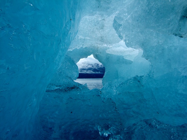 Blue textured ice in a glacier ice cave at Glacier Bay National Park