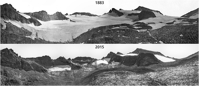 Comparing the extent of the Lyell Glacier in 1883 vs 2015 shows significant retreat over 132 years.