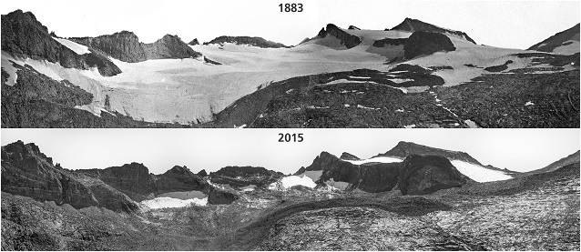 Comparing the extent of the Lyell Glacier in 1883 vs 2015 shows significant retreat over 132 years. Comparing the extent of the Lyell Glacier in 1883 vs 2015 shows significant retreat over 132 years.