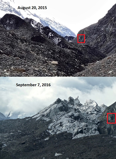 repeat photos of the traleika glacier shows a significant difference over the course of a year