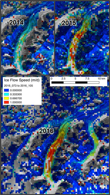 a series of surface velocity maps of the traleika glacier from 2014-2016