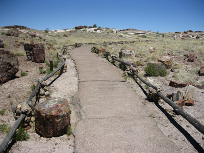A paved trail, bordered by low log edging, leads through an open landscape. A paved trail, bordered by low log edging, leads through an open landscape.
