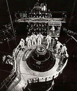 Interior view of Chamber A showing three astronauts Interior view of Chamber A showing three astronauts