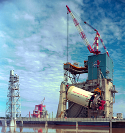 The S-II stage of the Saturn V rocket is hoisted onto the A-2 test stand in 1967 at the Rocket 