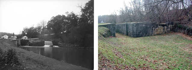 Two photos compare views of a lock over time; one shows water, one filled in with grass. Two photos compare views of a lock over time; one shows water, one filled in with grass.