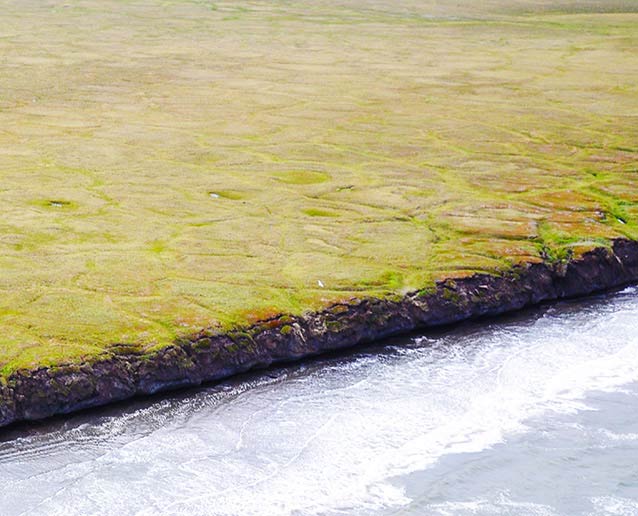 aerial view of a tree-less coastline being eroded by the ocean