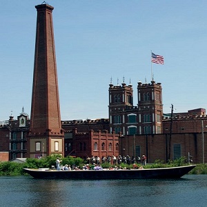 Replica canal boat passes Sibley Mill. Replica canal boat passes Sibley Mill.