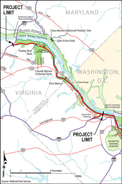 Map shows the George Washington Memorial Parkway highlighted in red, with other surrounding features Map shows the George Washington Memorial Parkway highlighted in red, with other surrounding features