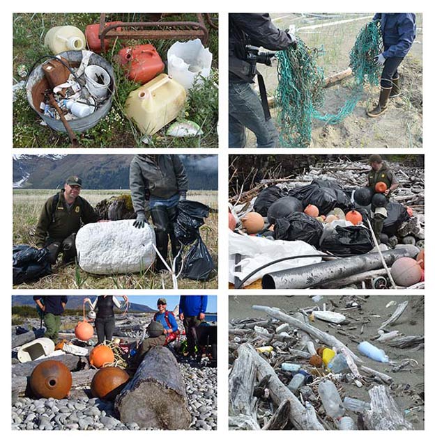 composite of six images showing plastic trash on beaches